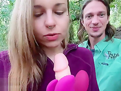 Playful Couple goof around with Toys in a Public Park and then GF Gets Off