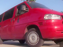 Redhead hard fucked in van in public