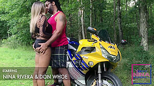 Roughs Up S Box Outside On His Motorcycle - Nina Rivera And Don Whoe
