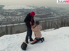 Sexy Redhead Rides A Hard Cock Out In The Cold Snow