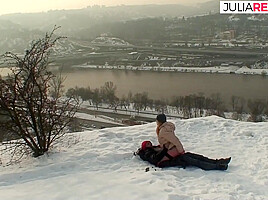 Sexy Redhead Rides A Hard Cock Out In The Cold Snow