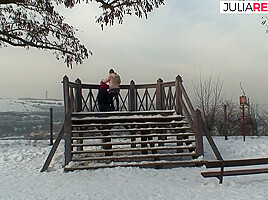 Sexy Redhead Rides A Hard Cock Out In The Cold Snow