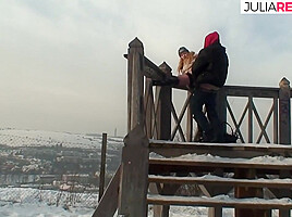 Sexy Redhead Rides A Hard Cock Out In The Cold Snow