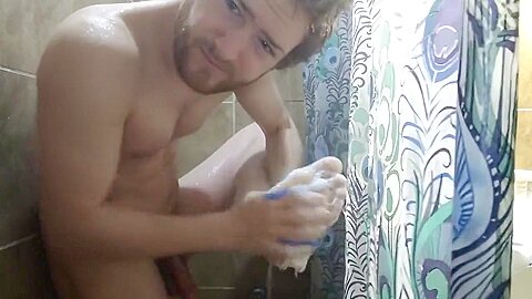 Sexy Young man With Ginger Beard Showering