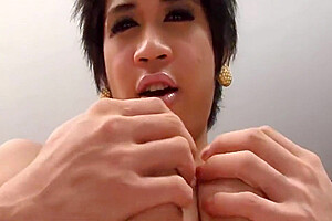 Short Haired Ladyboy In See-through Nightie Jerking Off In