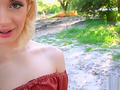 Slim blonde bangs in public for fast cash