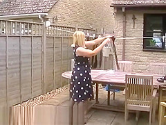 Spying On The Slut Wife Neighbour Wearing Blue Pantyhose In Her Garden