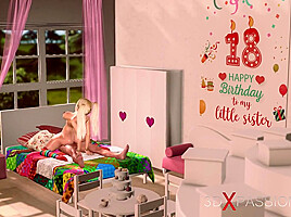 Stepbrother plays with her Step sister college girl in the living room