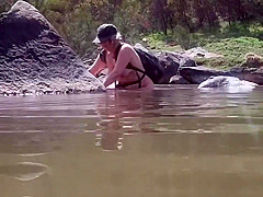 Strip to Nude a public River Crossing Swim & Fuck(Sorry for the water drop)