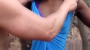 Submissive babe from Africa gets nipples teased with clamp before she gives white man blowjob
