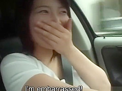 Subtitled pale and curvy Japanese wife masturbation in car