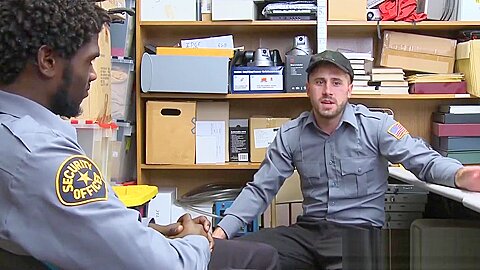 Tattooed hunk riding officers massive black dick