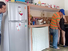 The Cuckold Looks Surprised As His Stepdad Fucks Me Hard In The Kitchen While I Swallow His Milk
