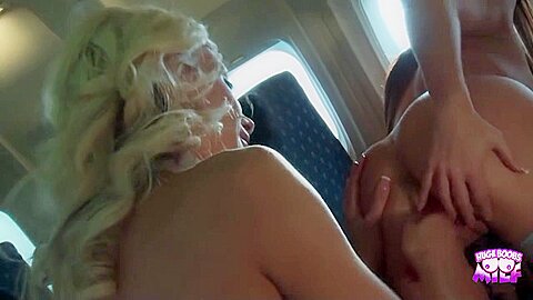 Two Flight Attendants On A Plane Play With Their Dildos In Their Tight Pussies