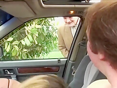 Two Naughty Babes From France Sharing Two Cocks Near The Road