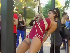 Two sluts tormented in public park gym