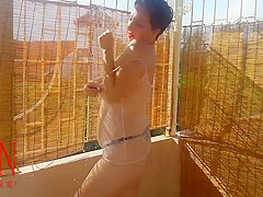 Wet T-shirt  Nude Lady Is Getting Shower Outside On The Top Of Hotel  Nude Yoga Shower