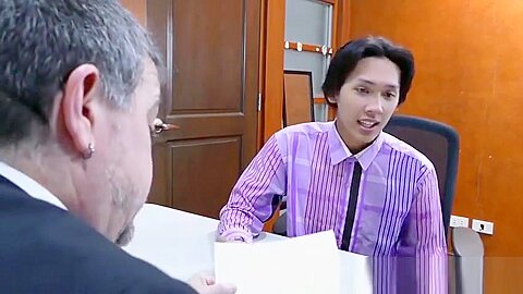 Young Asian cocksucker penetrated raw in Daddys office