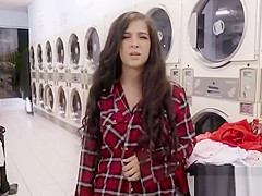 bangs busty babe in laundromat